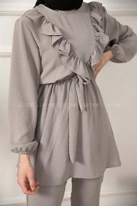 Modalamelif Önü Fırfırlı Kuşaklı İkili Takım Gri