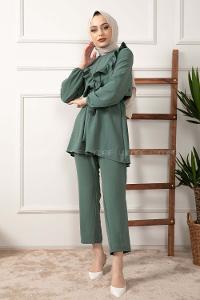 Modalamelif Önü Fırfırlı Kuşaklı İkili Takım Pastel Yeşili