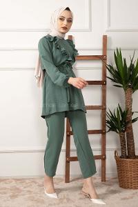Modalamelif Önü Fırfırlı Kuşaklı İkili Takım Pastel Yeşili