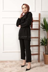 Modalamelif Önü Fırfırlı Kuşaklı İkili Takım Siyah