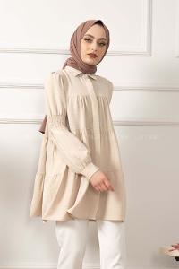 Modalamelif Önü Gizli Düğmeli Kol Lastikli Tunik Taş Rengi