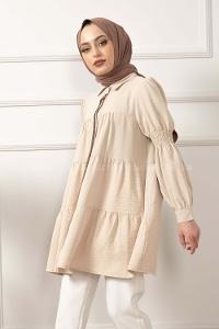 Modalamelif Önü Gizli Düğmeli Kol Lastikli Tunik Taş Rengi