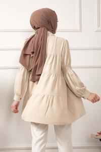 Modalamelif Önü Gizli Düğmeli Kol Lastikli Tunik Taş Rengi