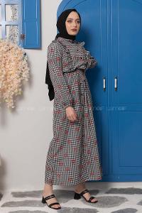 Modalamelif Pötikare Fırfırlı Papatya Desen Elbise Siyah