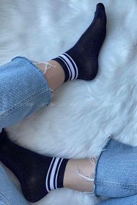 Modalamelif Şeritli Simli Soket Çorap Siyah Mavi