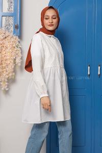 Modalamelif Dantelli Önü Düğmel Tunik Ekru