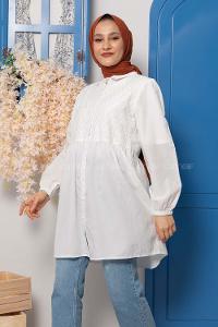 Modalamelif Dantelli Önü Düğmel Tunik Ekru