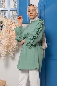 Modalamelif Kol Fırfırlı Kuşaklı Tunik Çağla Yeşili