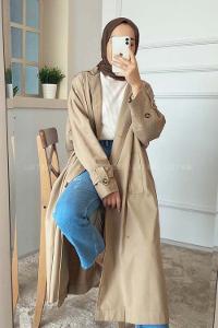 Modalamelif Sırt Baskılı Kol Apoletli Trenç Vizonrengi