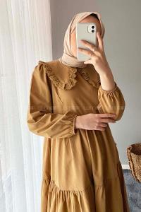 Modalamelif Yaka Dantelli Elbise Camel