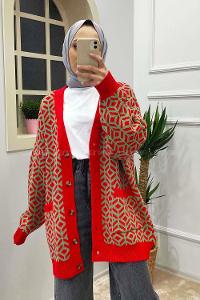 Modalamelif Çift Cepli Desenli Hırka Kırmızı