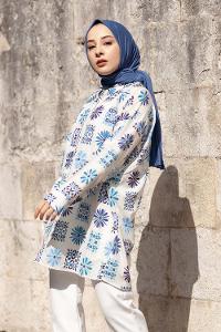 Modalamelif Çiçek Desen Dijital Baskı Gömlek İndigo