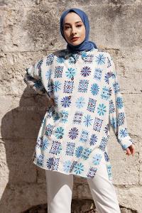 Modalamelif Çiçek Desen Dijital Baskı Gömlek İndigo