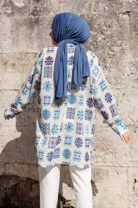 Modalamelif Çiçek Desen Dijital Baskı Gömlek İndigo