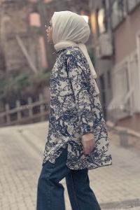 Modalamelif Kilim Desen Dijital Baskı Gömlek Lacivert