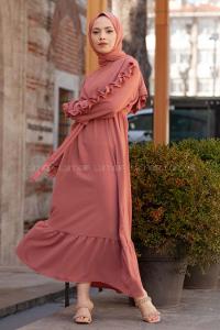 Modalamelif Kol Fırfırli Elbise Gül