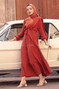 Modalamelif Kol Fırfırli Elbise Kiremit