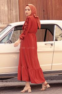 Modalamelif Kol Fırfırli Elbise Kiremit