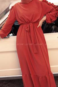 Modalamelif Kol Fırfırli Elbise Kiremit