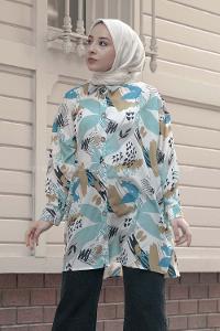 Modalamelif Soyut Desen Dijital Baskı Gömlek Mint