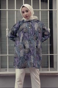 Modalamelif Yaprak Desen Dijital Baskı Gömlek Mor