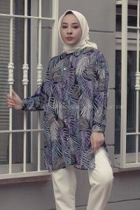 Modalamelif Yaprak Desen Dijital Baskı Gömlek Mor