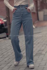 Lamelif Bel Lastikli Bol Paça Mom Jean Açık Mavi