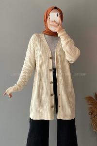 Modalamelif Düz Renk Fitilli Hırka Krem