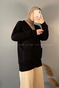 Modalamelif Kaplama Düğmeli Triko Hırka Siyah