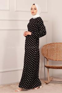 Modalamelif Puantiye Desenli Kemerli Elbise Siyah