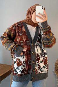 Modalamelif Çift Cepli Desenli Hırka Acı Kahve