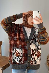 Modalamelif Çift Cepli Desenli Hırka Acı Kahve