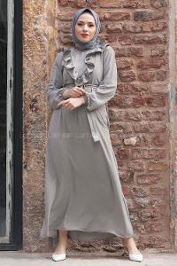 Modalamelif Önü Fırfırlı Kuşaklı Elbise Gri