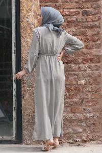 Modalamelif Önü Fırfırlı Kuşaklı Elbise Gri