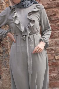 Modalamelif Önü Fırfırlı Kuşaklı Elbise Gri