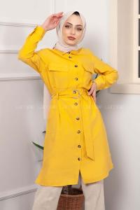 Modalamelif Çift Cepli Kuşaklı Tunik Hardal Sarısı