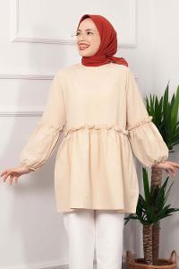 Modalamelif Hakim Yaka Kol Fırfırlı Tunik Bej