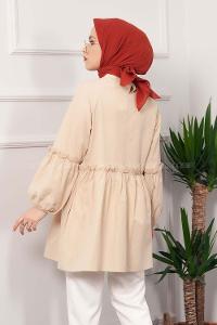 Modalamelif Hakim Yaka Kol Fırfırlı Tunik Bej