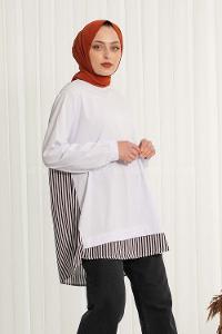 Modalamelif Arkası Çizgili Tunik Beyaz