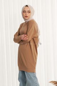 Modalamelif Bisiklet Yaka Düz Renk Sweat Sütlü Kahve