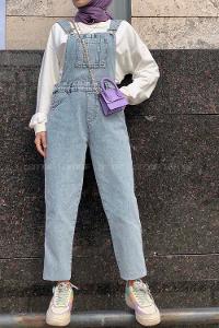 Ice Blue Pool Neck Linen Unprinted Overalls