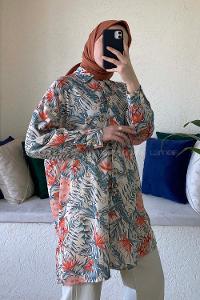 Modalamelif Çiçek Desen Dijital Baskı Gömlek Bej