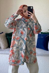 Modalamelif Çiçek Desen Dijital Baskı Gömlek Bej