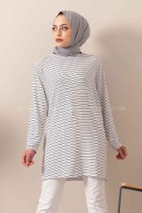 Modalamelif Çizgili Yırtmaçlı Tunik Beyaz