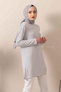 Modalamelif Çizgili Yırtmaçlı Tunik Beyaz