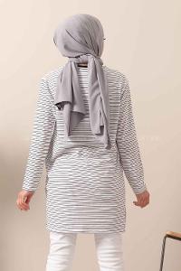 Modalamelif Çizgili Yırtmaçlı Tunik Beyaz
