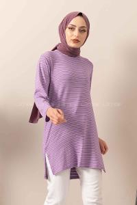Modalamelif Çizgili Yırtmaçlı Tunik Lila