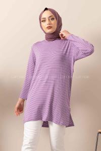Modalamelif Çizgili Yırtmaçlı Tunik Lila