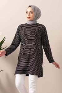 Modalamelif Çizgili Yırtmaçlı Tunik Siyah