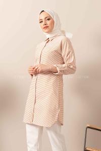 Modalamelif Önü Düğmeli Çizgili Gömlek Sütlü Kahve